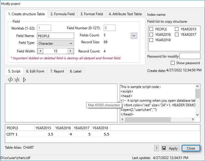 create/modify structure chart data table