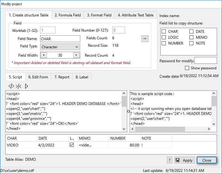 create/modify structure demo data table