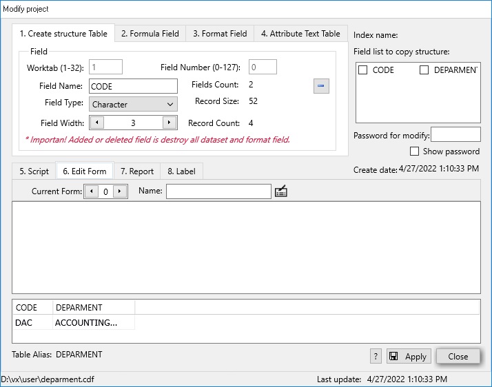 create/modify structure department data table