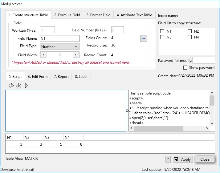 create/modify structure matrix data table
