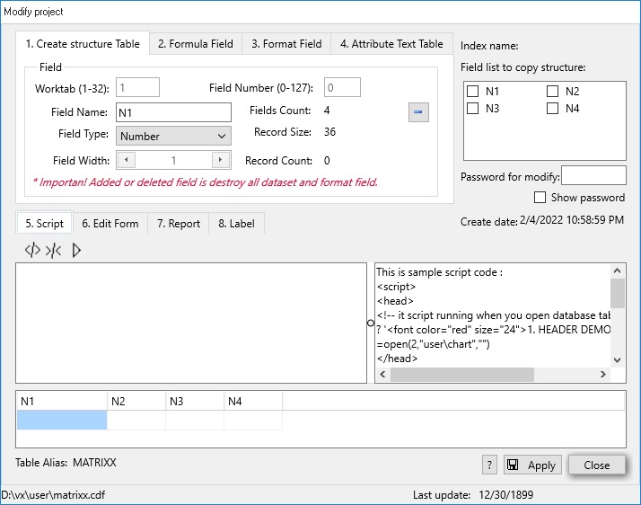 create/modify structure matrixx data table