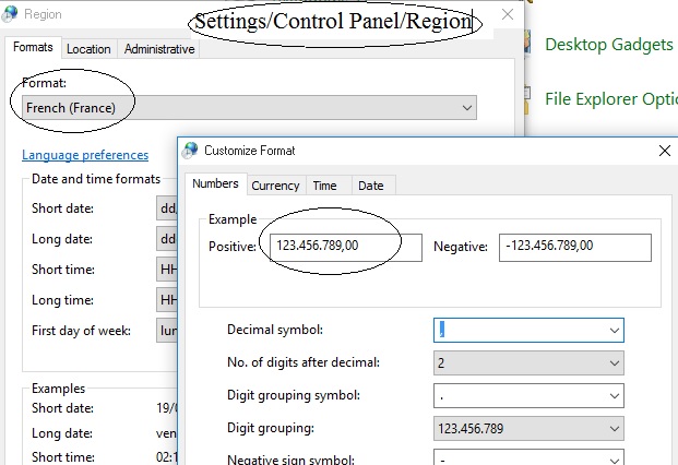Settings system number and Date FR