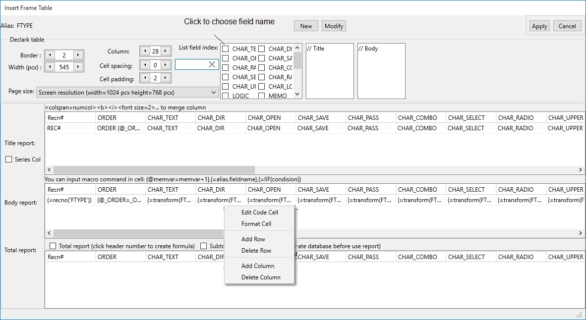 create new table report form